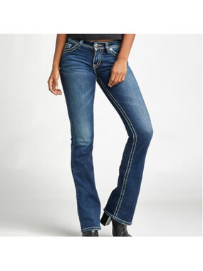 Silver Suki Low Rise Boot Bootcut Jeans Dark Blue Wash Flare Thick Stitch 34